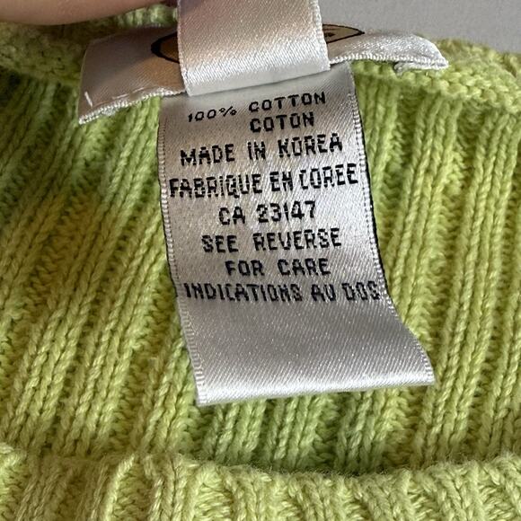 Vintage Talbots Size L Cotton Lime Green Cable Knit Logo Oversized Sweater - Picture 9 of 10